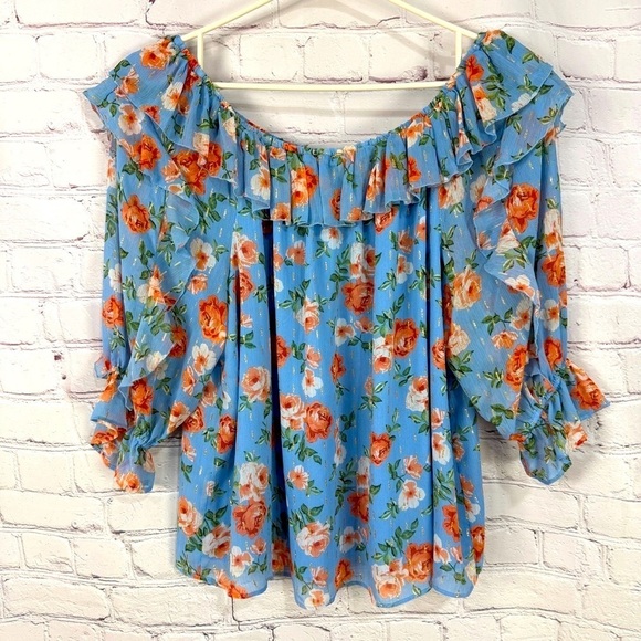 Multicolored Ruffled Puff Sleeve 3/4 Blouse Flowy lightweight pastel plus 22/24 - Picture 2 of 8